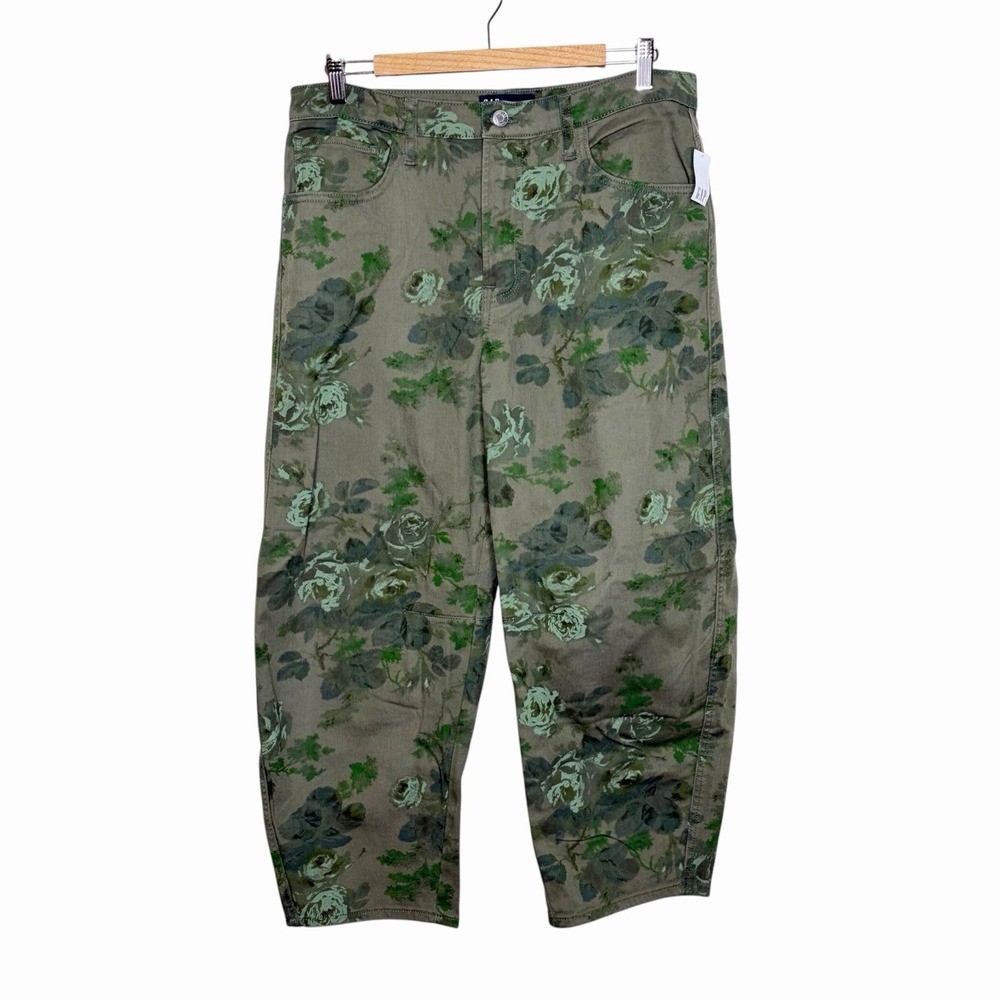Gap Barrel Jeans Green Floral Womens Size 12/31S Short High Rise Tapered Baggy